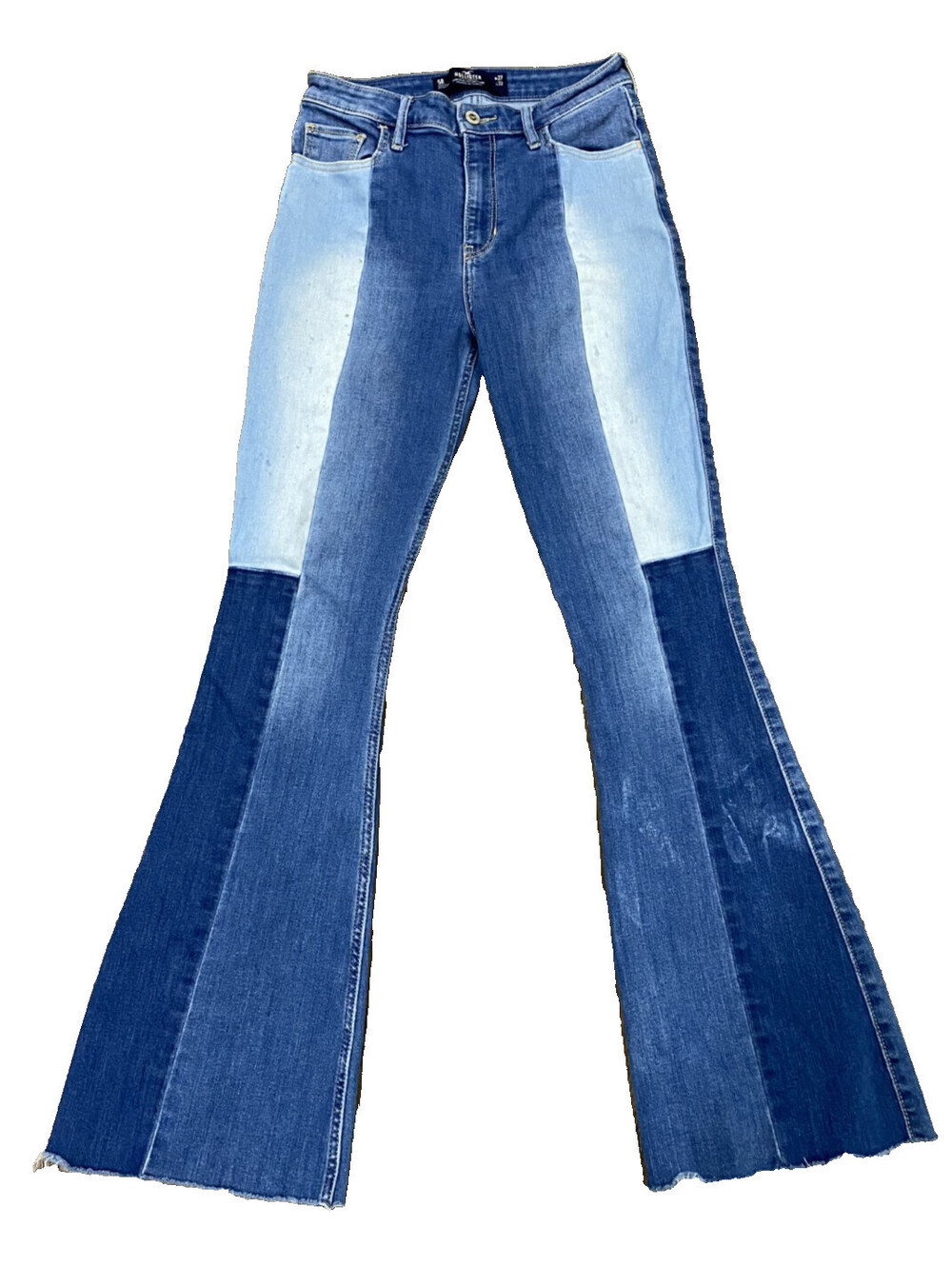 Hollister Flare Patchwork Jeans 5R Blue High Rise VTG Boho Festival Raw Hem